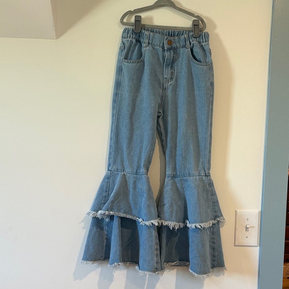 SHEIN Light Blue Denim Double Ruffle Flare Jeans